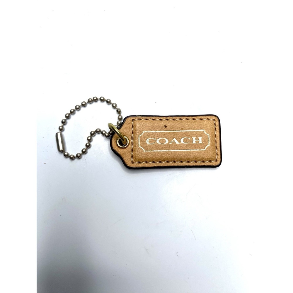 Genuine Coach Beige Tan Leather Hang Charm Tag Gold Embossing W Chain 1" x 2"